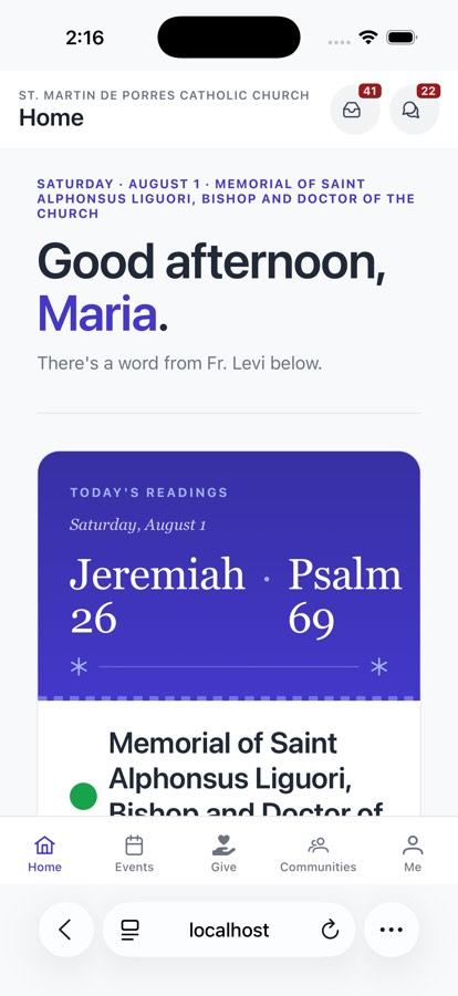 Parish portal on an iPhone showing today's readings and a greeting