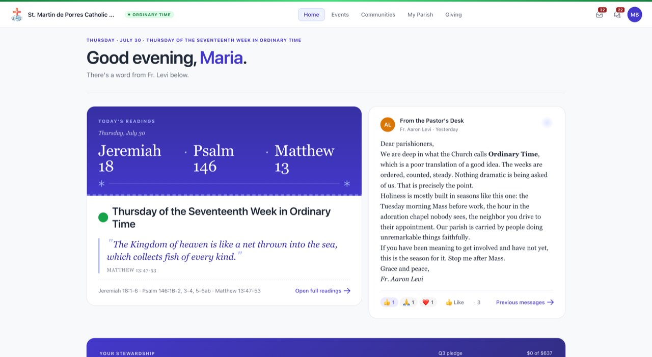Parishioner portal home page showing today's readings and a message from the pastor