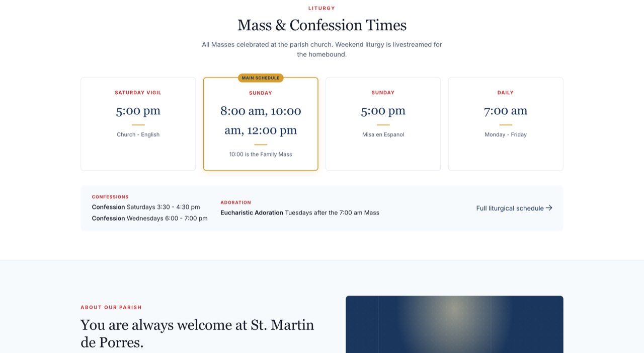 Mass and confession times section of the public parish website